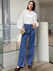 Patch Pockets Straight Jeans Loose Fit Non Stretch Denim Trousers