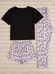 Cartoon Panda Print Pajama Set Short Sleeve Crew Neck Top & Shorts