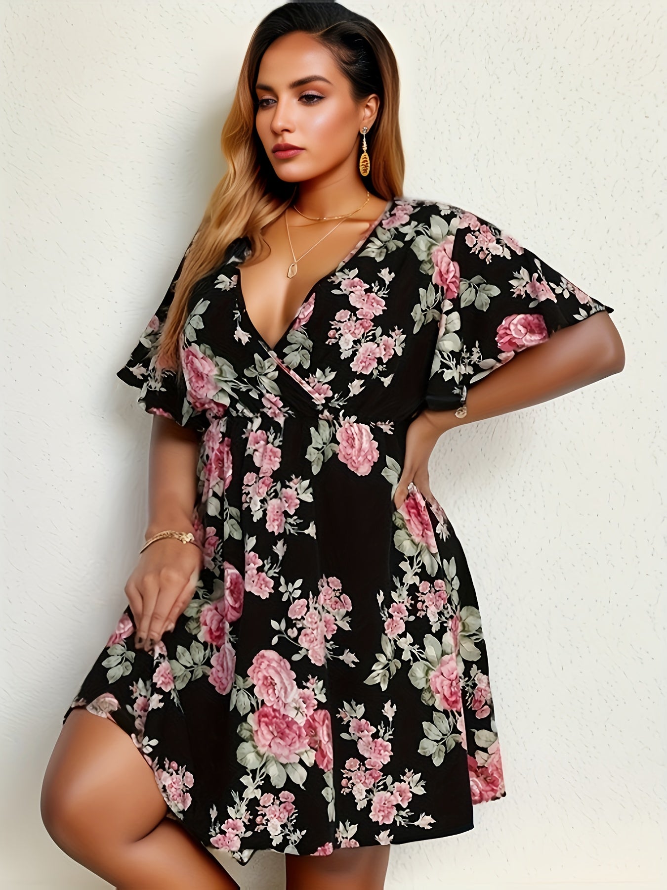 Floral Print Dress Flutter Sleeve Stretchy Casual D