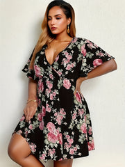 Floral Print Dress Flutter Sleeve Stretchy Casual D