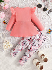 2pcs Girls Bowknot Top Butterfly Print Pants Set
