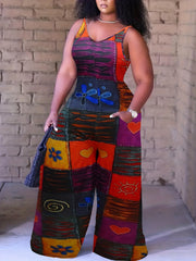 Patchwork Print V Neck Jumpsuit