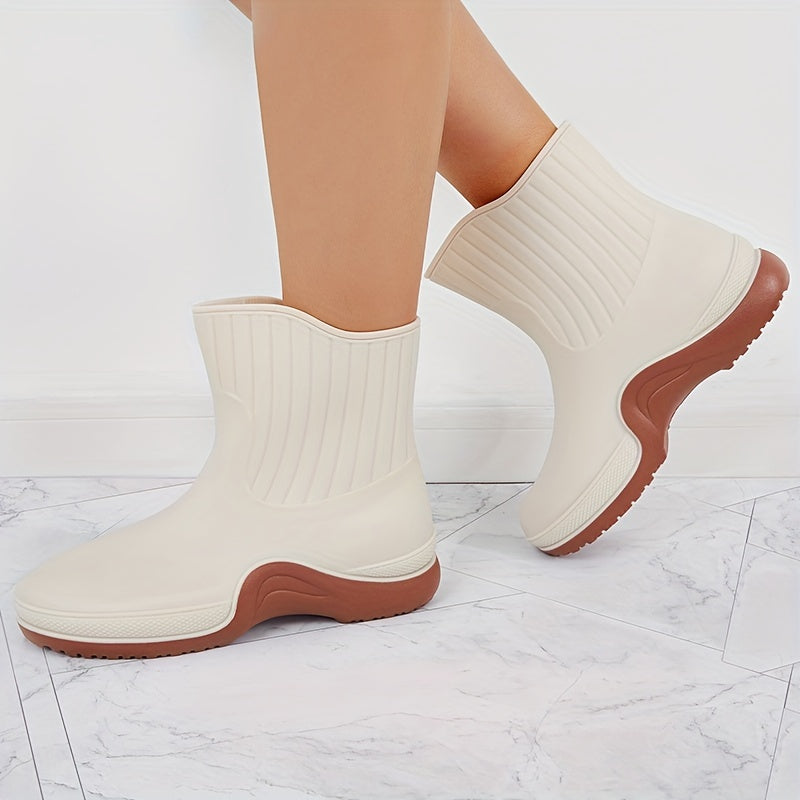 Women's Waterproof Ribbed Rain Boots Non Slip Mid Calf