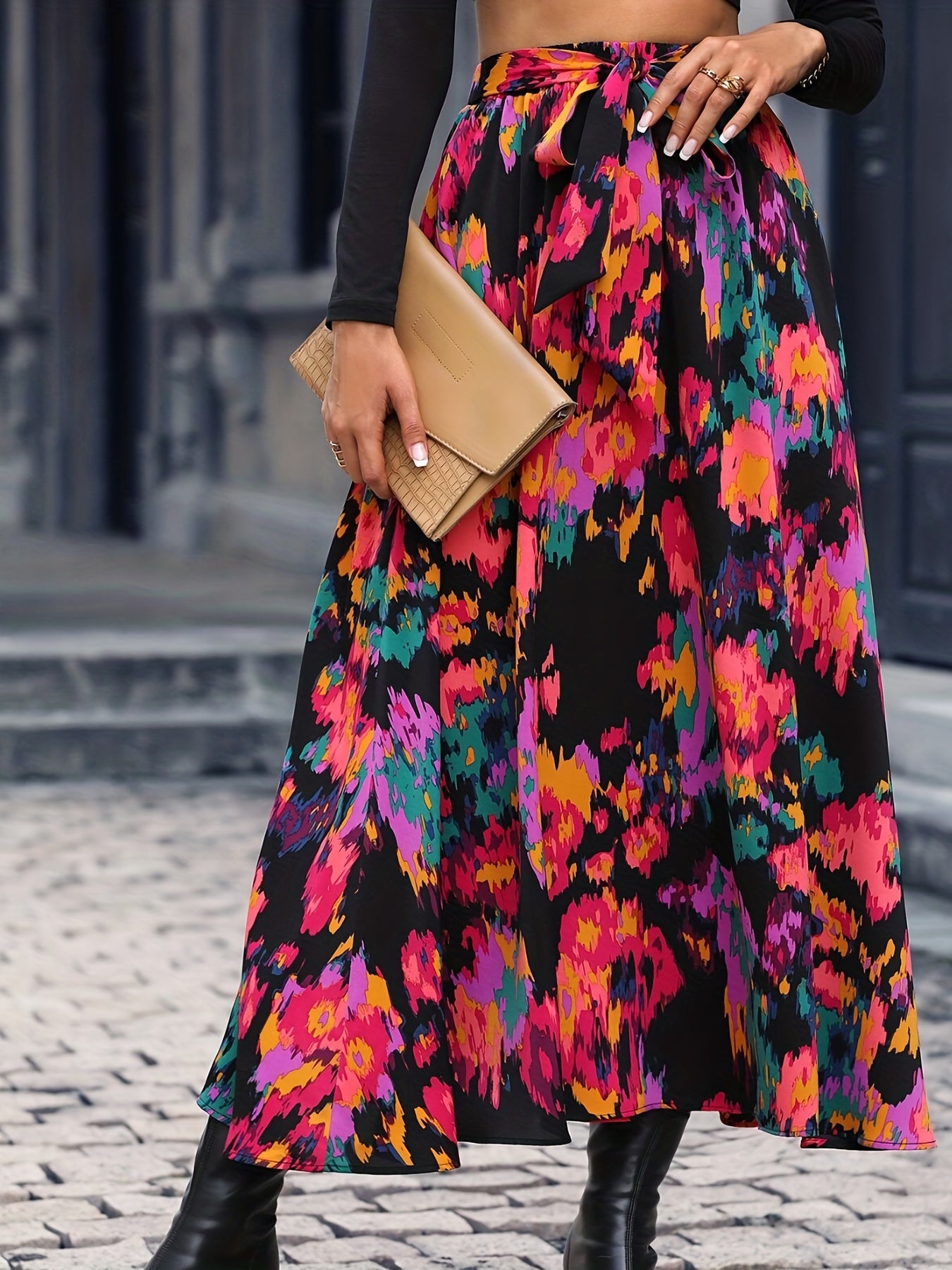 Floral Print Belted Skirt for Women