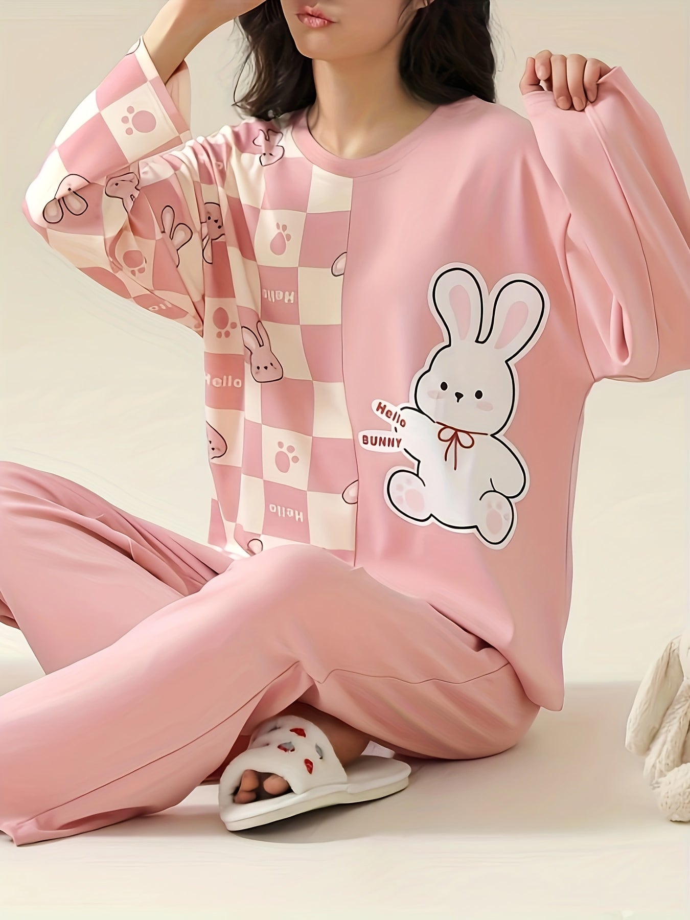Bunny Print Pajama Set Long Sleeve Top & Pants Women's Sleepwear