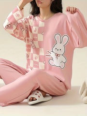 Bunny Print Pajama Set Long Sleeve Top & Pants Women's Sleepwear