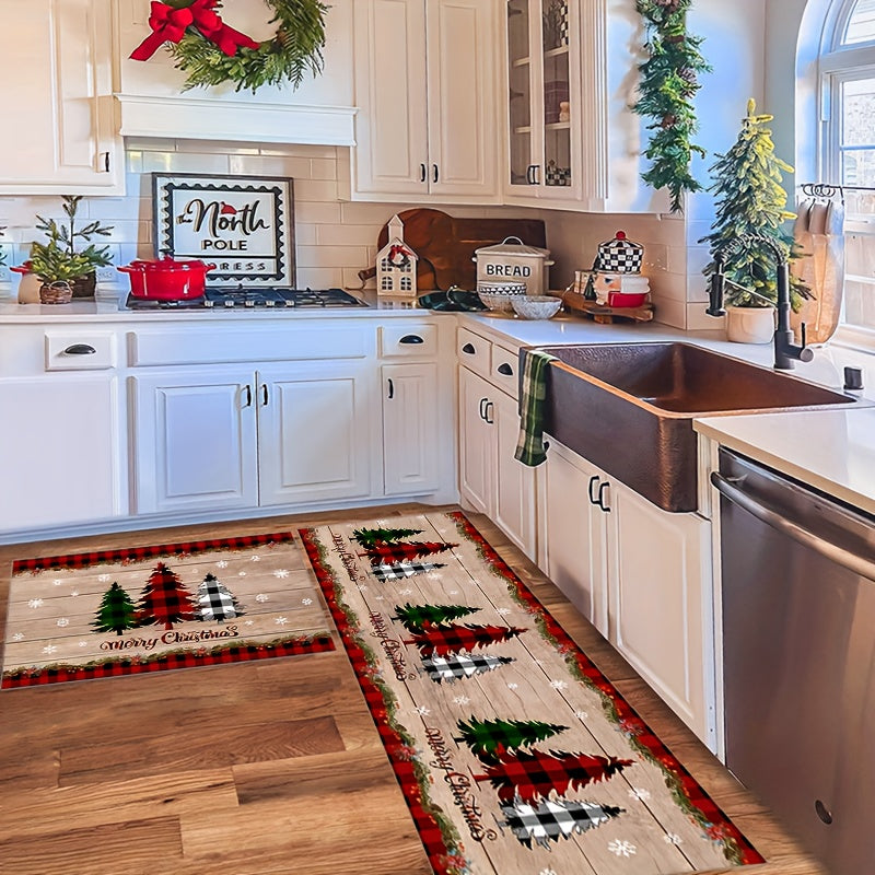 2pcs Thickened Christmas Area Rug Anti-slip Stain Resistant Kitchen Rug