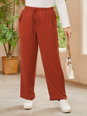 Pants Women's Plus Solid Elastic Drawstring High Rise Straight Leg