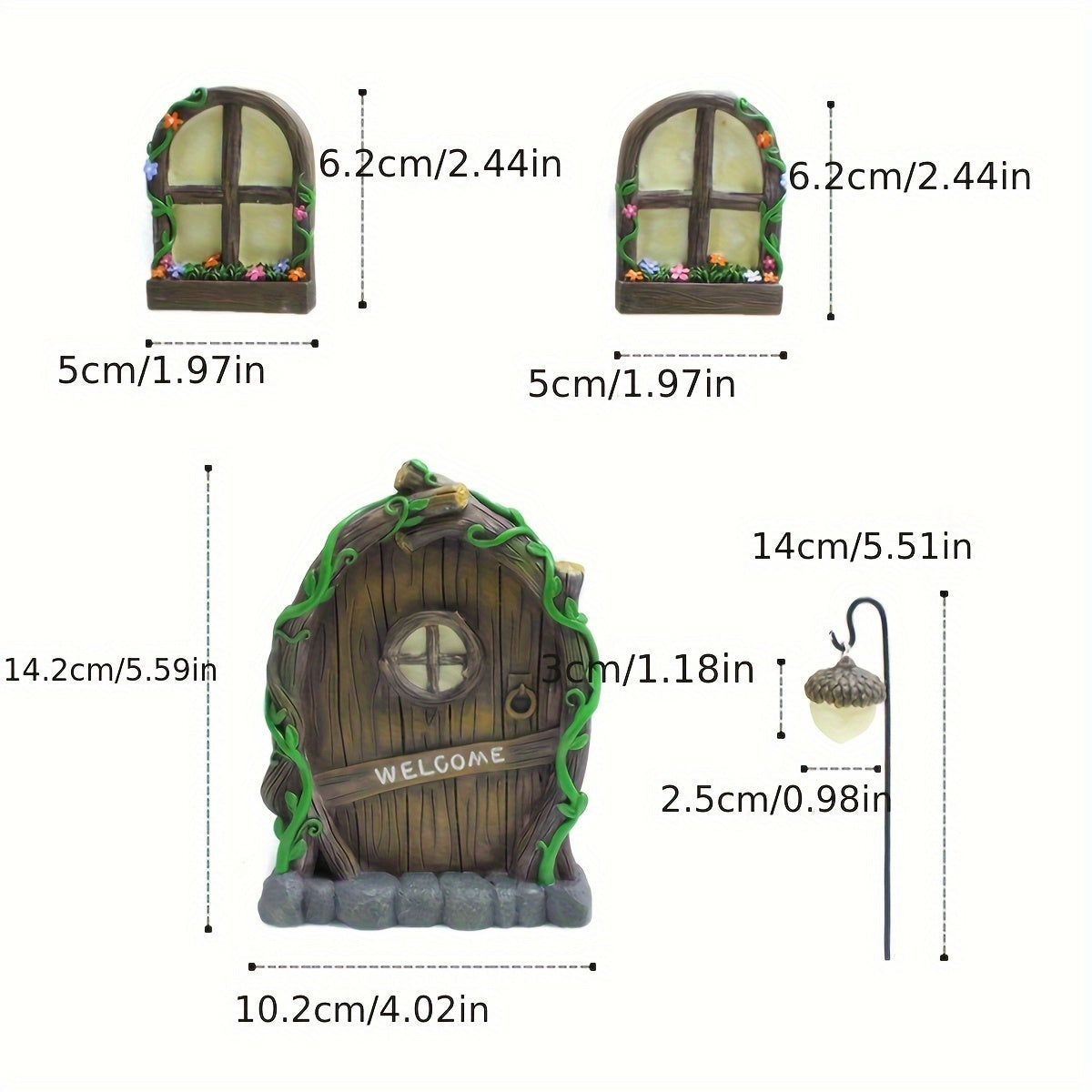 4pcs Fairy Welcome Door and Window Lamps Set Resin Fairy and Gnome House