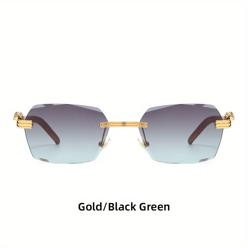 Men's Wood Print Leopard Head Rimless Sunglasses Square Frame Glasses