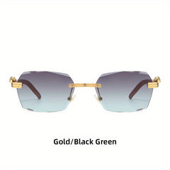 Men's Wood Print Leopard Head Rimless Sunglasses Square Frame Glasses