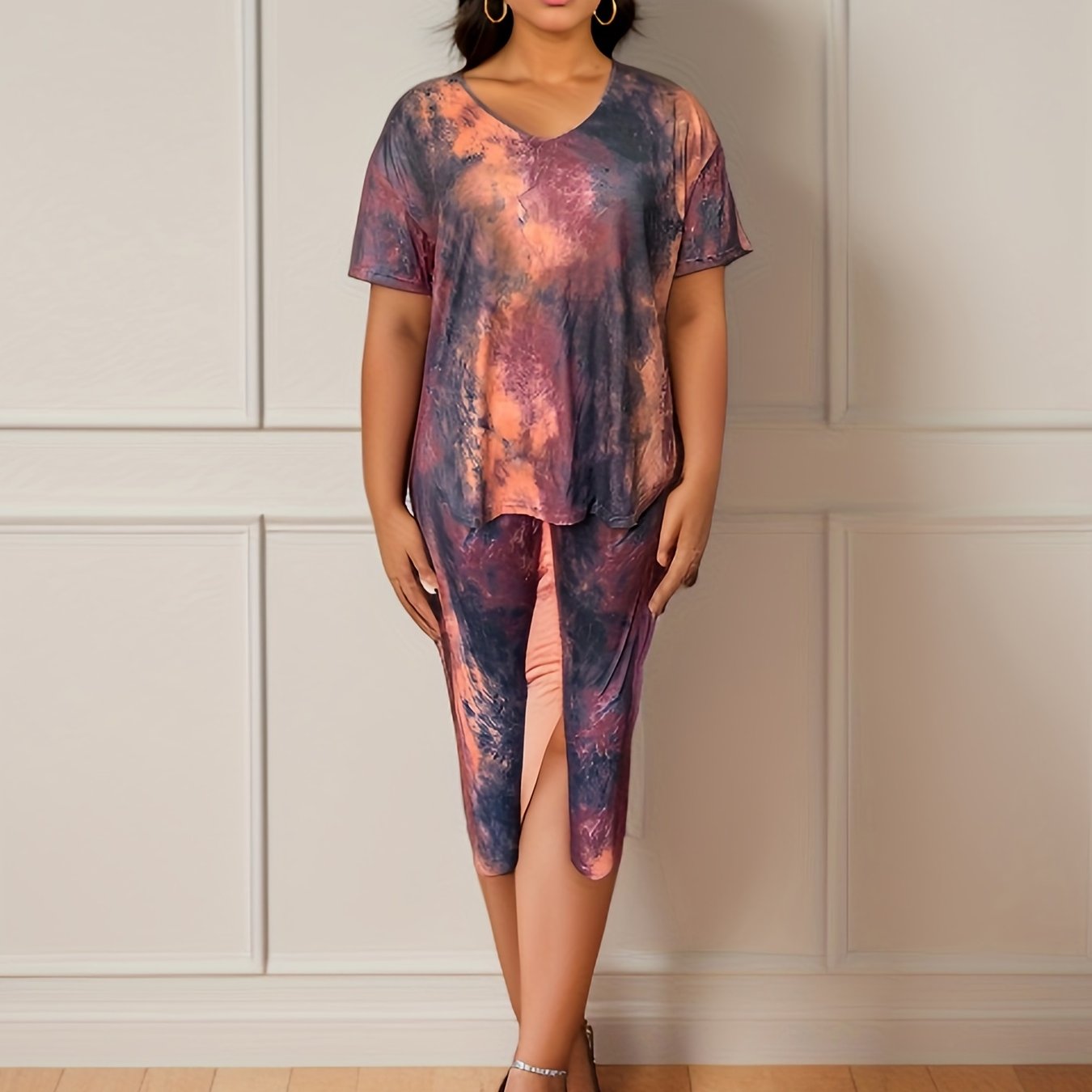 Plus Size Tie Dye Short Sleeve Tee & Pants Set Women's 2 Piece