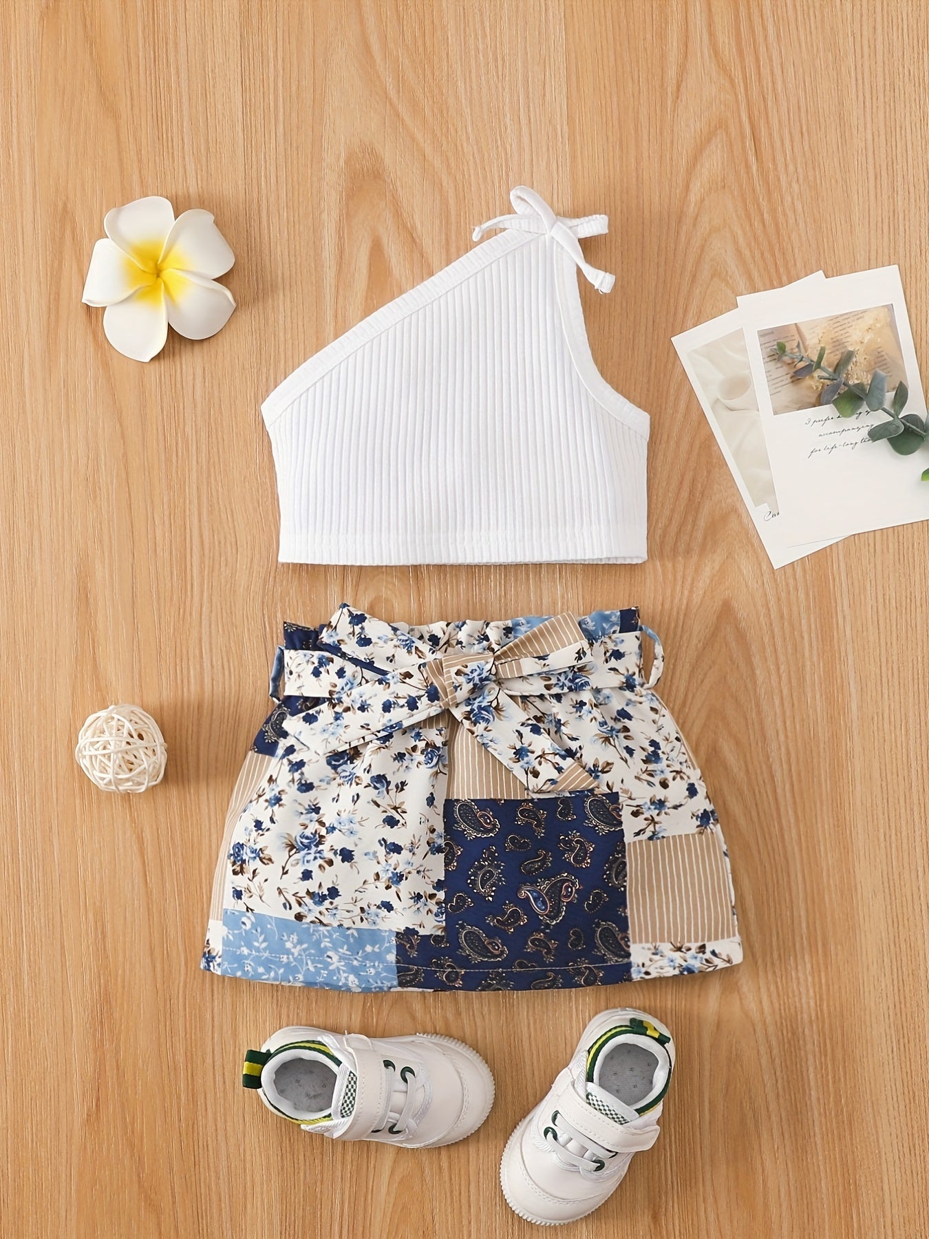 2pcs Baby Girls Cold Shoulder Tops & Flowers Allover Print Skirt