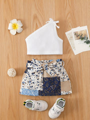 2pcs Baby Girls Cold Shoulder Tops & Flowers Allover Print Skirt