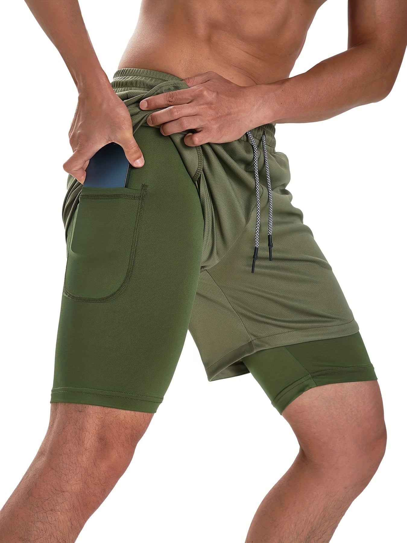 Men's Double Layer Stretch Sports Shorts with Inner Pocket