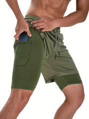 Men's Double Layer Stretch Sports Shorts with Inner Pocket