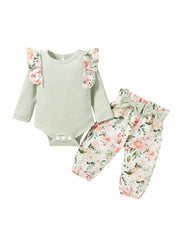 Baby Girl Botanical Floral Ruffled Romper & Pants Set