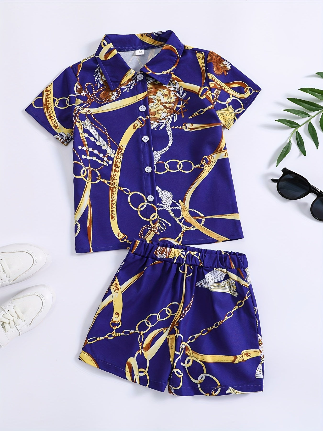 Boys 2pcs Metal Chain Print Outfit Short Sleeves Button Down Shirt & Shorts