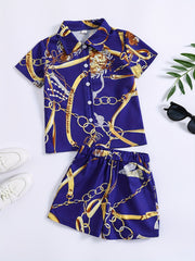 Boys 2pcs Metal Chain Print Outfit Short Sleeves Button Down Shirt & Shorts