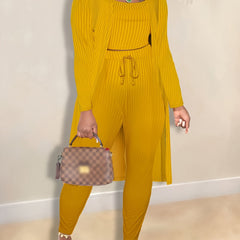 Solid Ribbed Knit Cardigan & Top & Pants Set