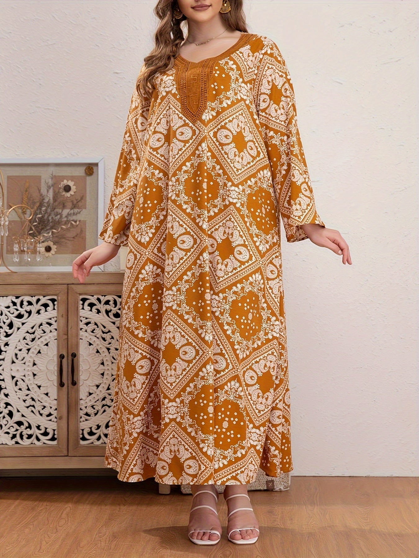 Plus Size Boho Abaya Dress Women's Plus Scarf Print Kaftan Dress