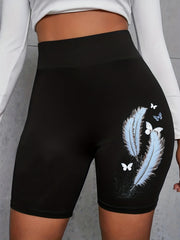 Feather Print Skinny Shorts High Waist Casual Shorts