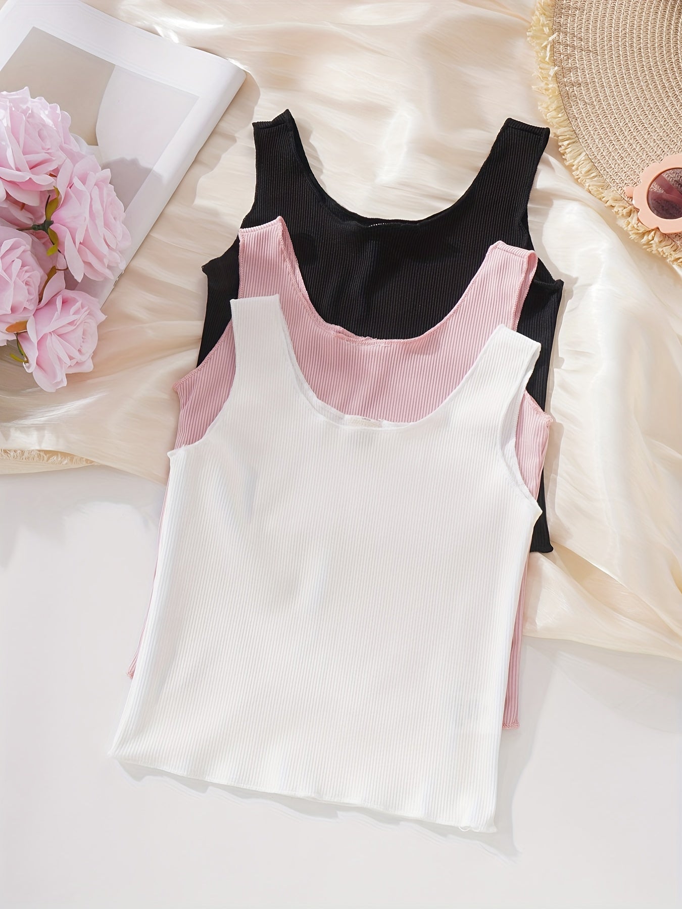 3pcs Toddler Girls Ribbed Tank Top Kids Summer Clothes