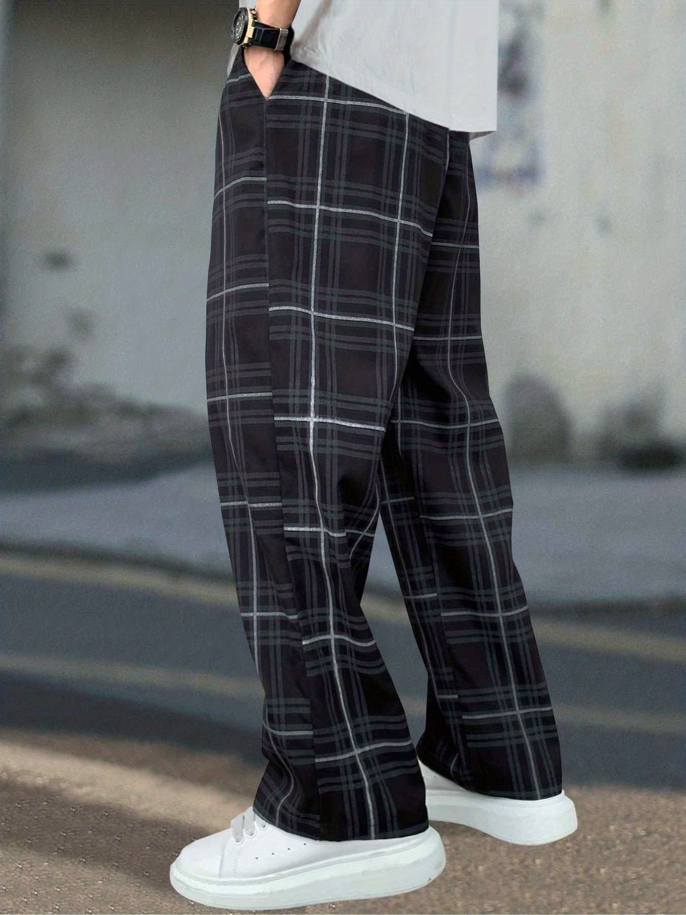 Plaid Pattern Joggers Men's Casual Loose Fit Pants