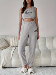 Letter Print Fuzzy Pajama Set Crew Neck Tank Top & Elastic Waistband Pants