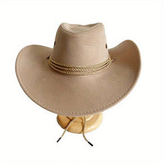 Unisex Western Cowboy Hat Solid Jazz Fedora Cap w/ Lanyard