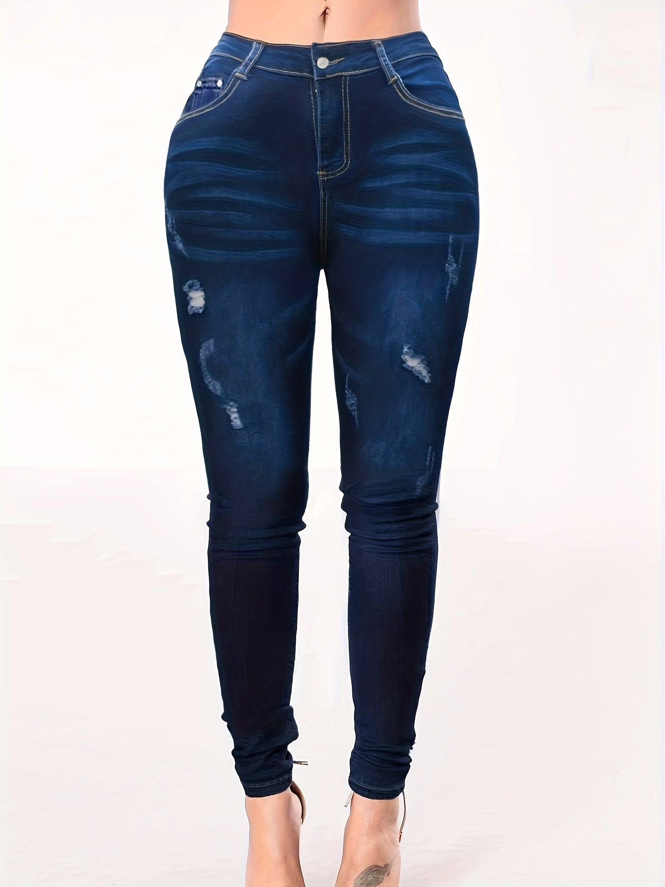 Plus Size Sexy Jeans Women's Plus Solid Ripped Button Fly High Rise Slim Fit