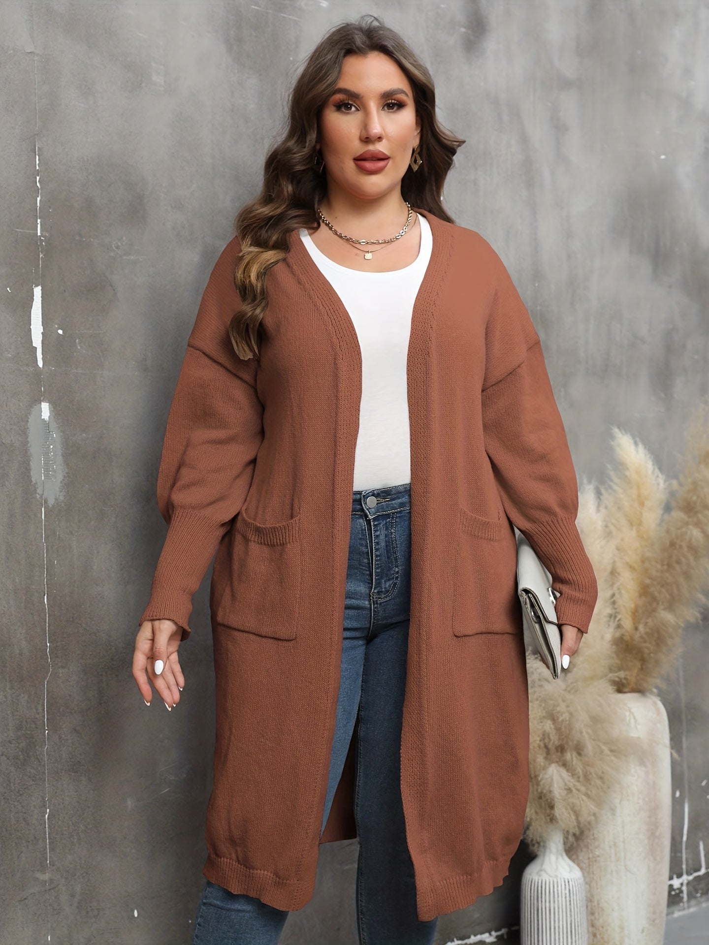 Casual Cardigan Women's Plus Solid Lantern Sleeve Open Front Cardigan