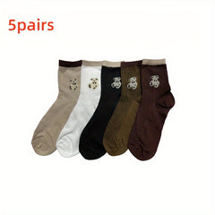 5 Pairs Bear Embroidery Ankle Socks for Summer Sports