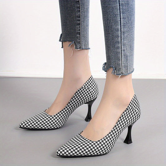 Women's Houndstooth Stiletto Heels Pointed Toe Dress Pumps