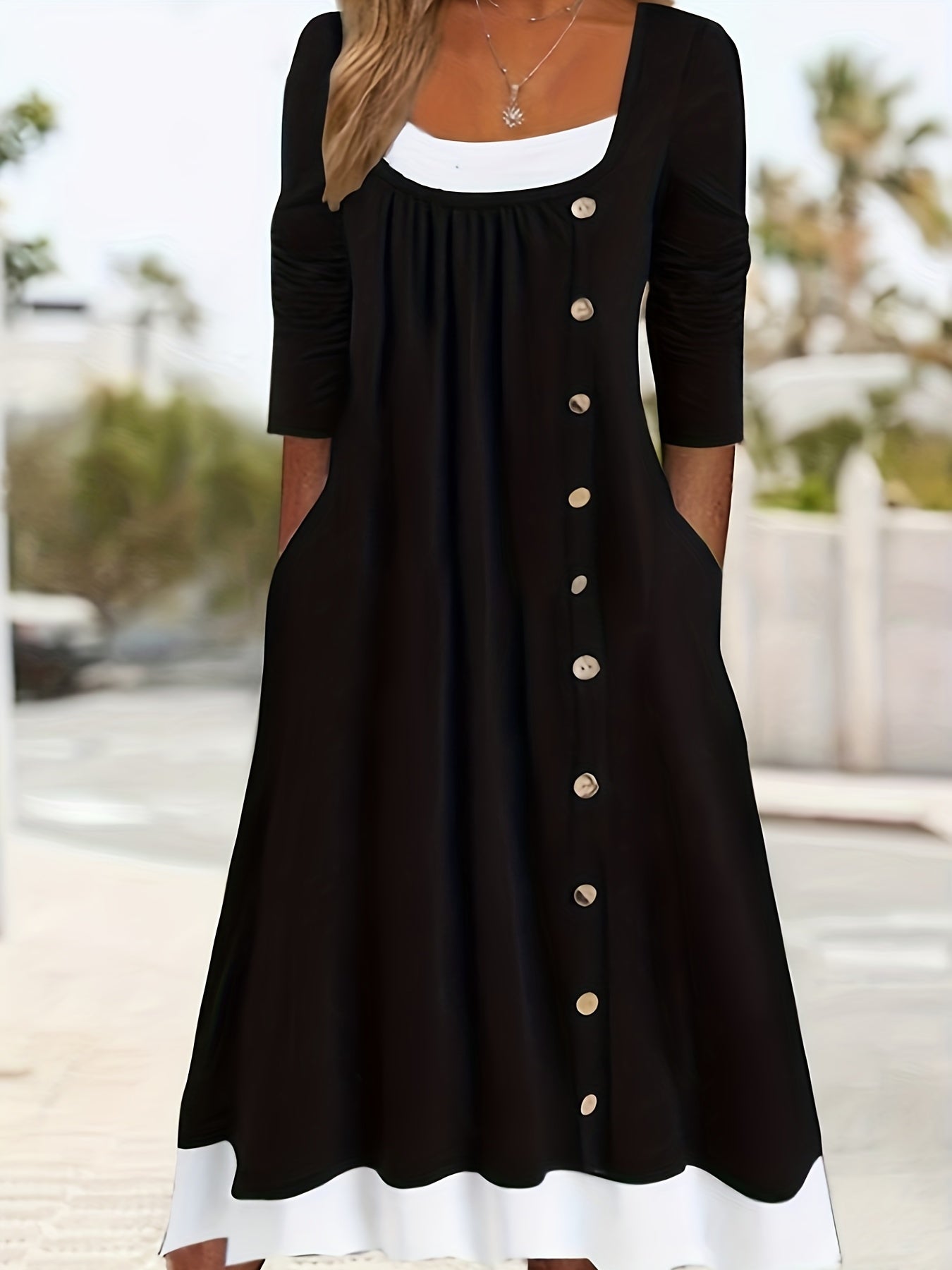Colorblock Button Decor Long Sleeve Dress