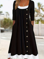Colorblock Button Decor Long Sleeve Dress