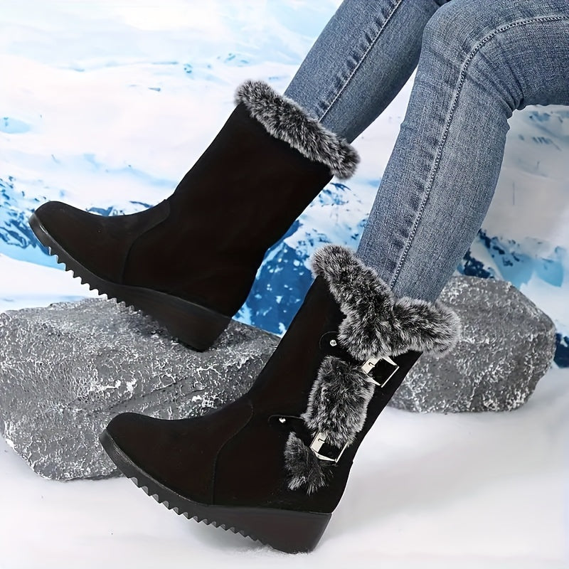 Women's Plush Lined Snow Boots with Buckle Decor