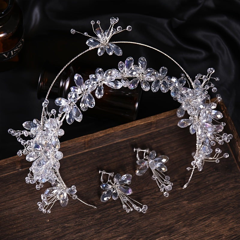 Crystal Flower Headband Earring Set Wedding Hair Accessories