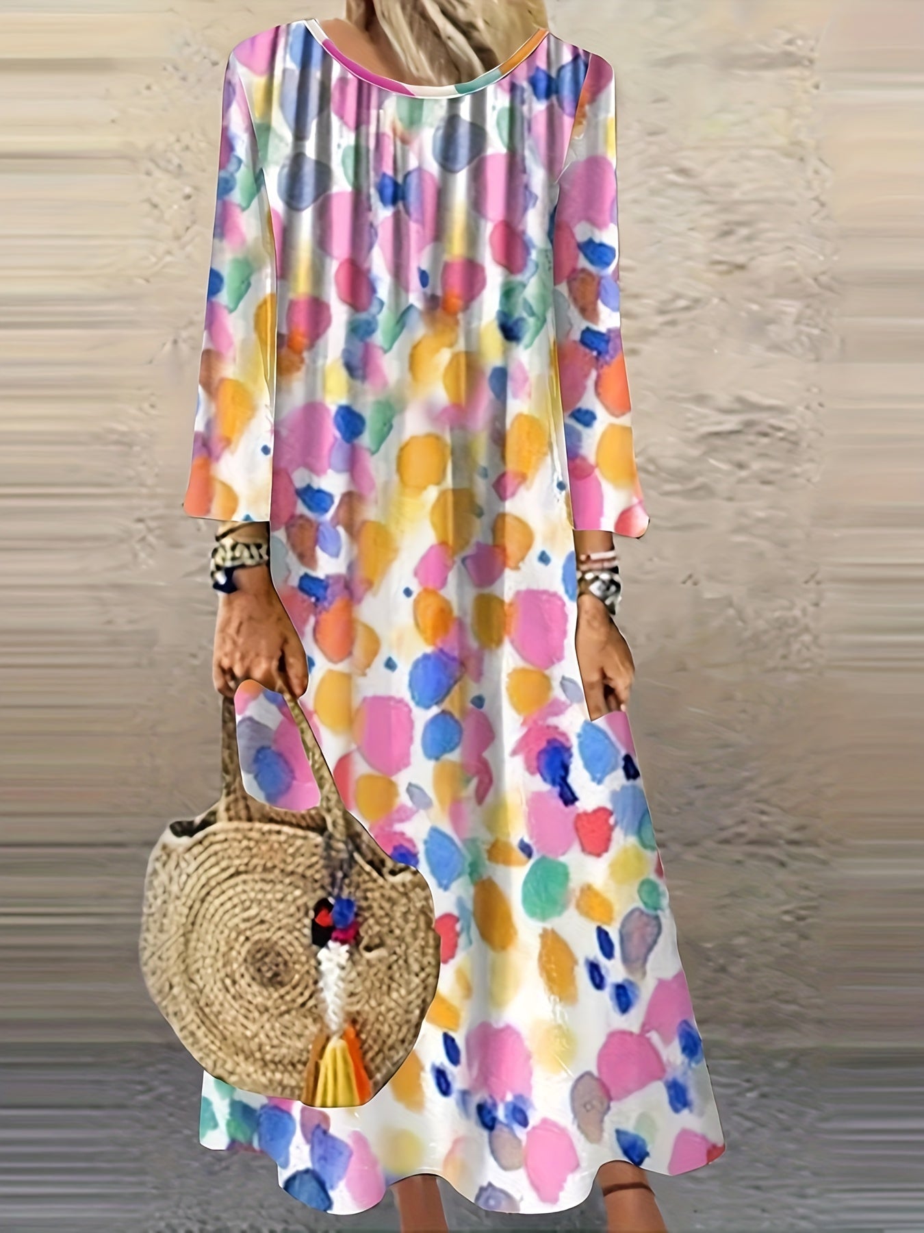 Print Long Sleeve Round Neck Dress