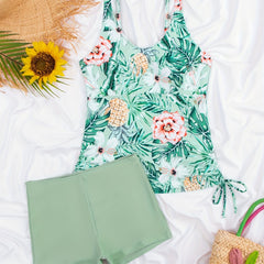 Tropical Leaf Print Tankini Set with High Waist Boxer Shorts