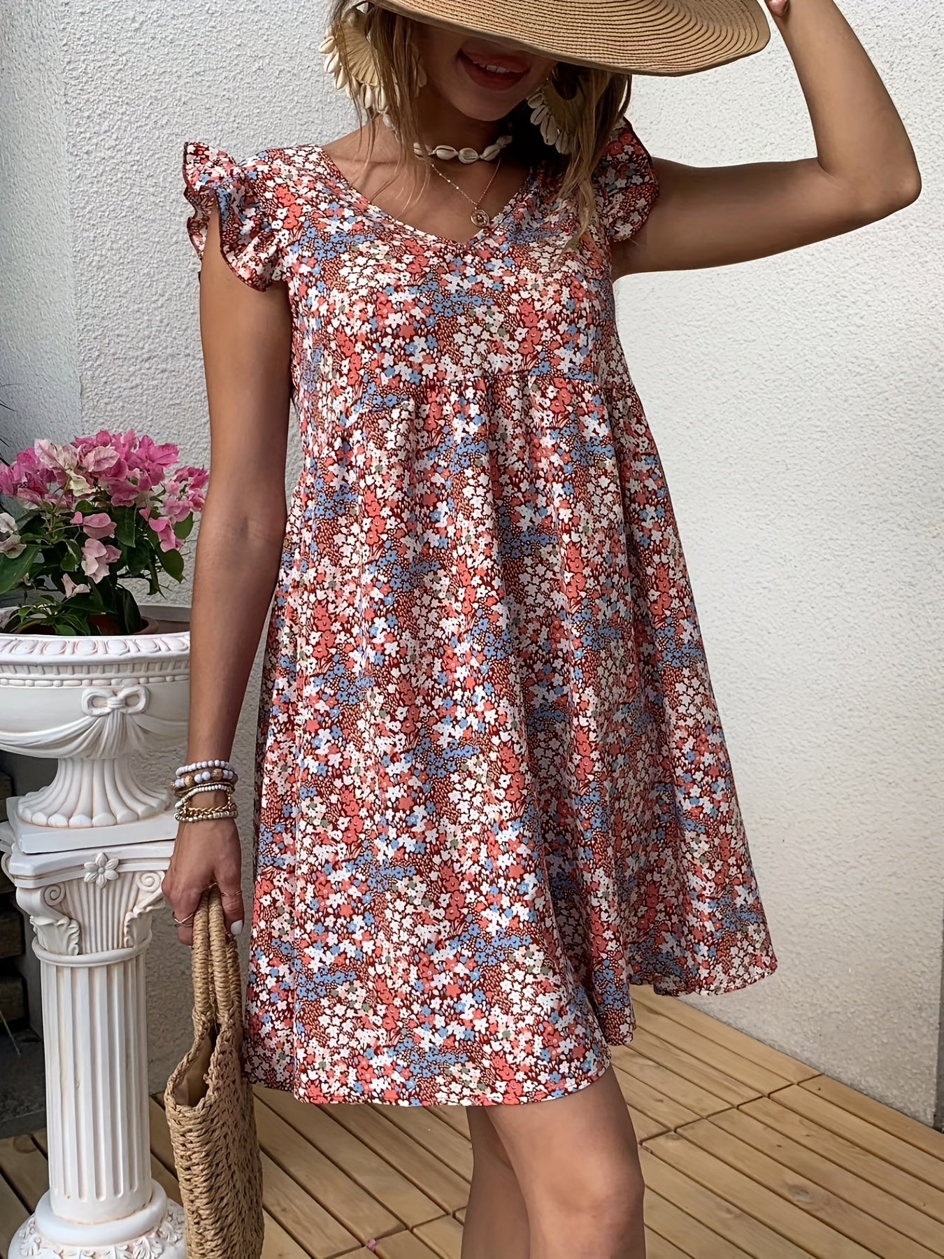 Floral Print Dress Ruffle Trim V Neck Sleeveless Boho Dress