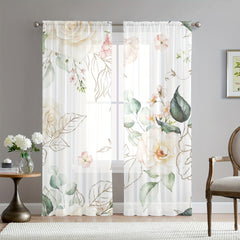 Rose Pattern Sheer Curtain Rod Pocket for Home Decor