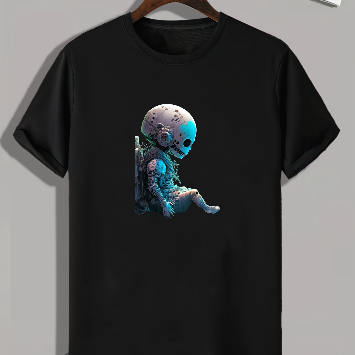 Astronaut Skull Print Men's T-shirt Stretch Breathable Tee For Summer