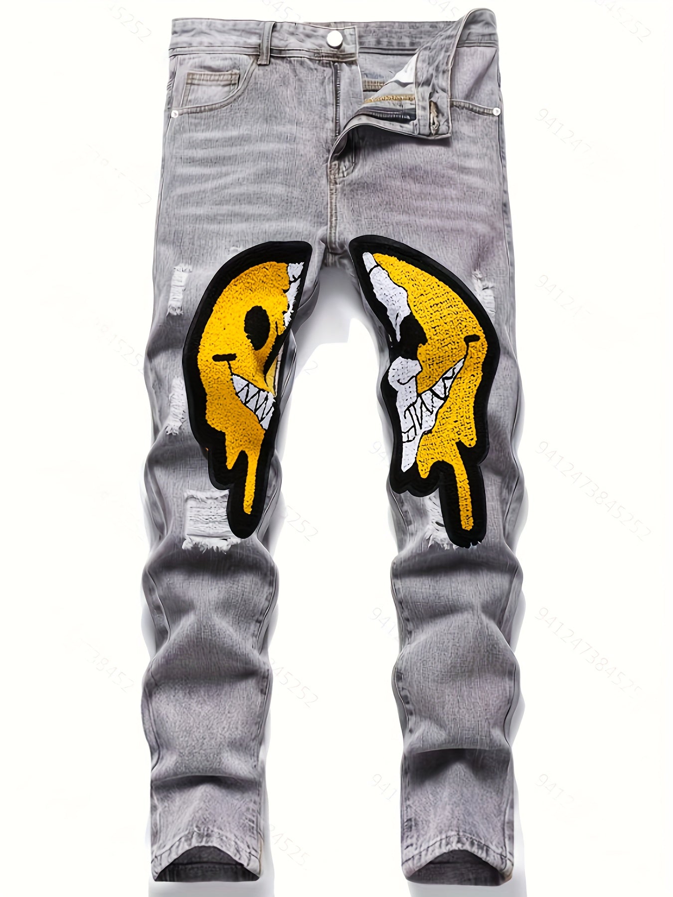 Smiling Face Regular Fit Jeans Men's Distressed Denim Pants