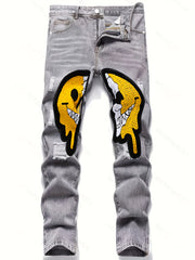 Smiling Face Regular Fit Jeans Men's Distressed Denim Pants
