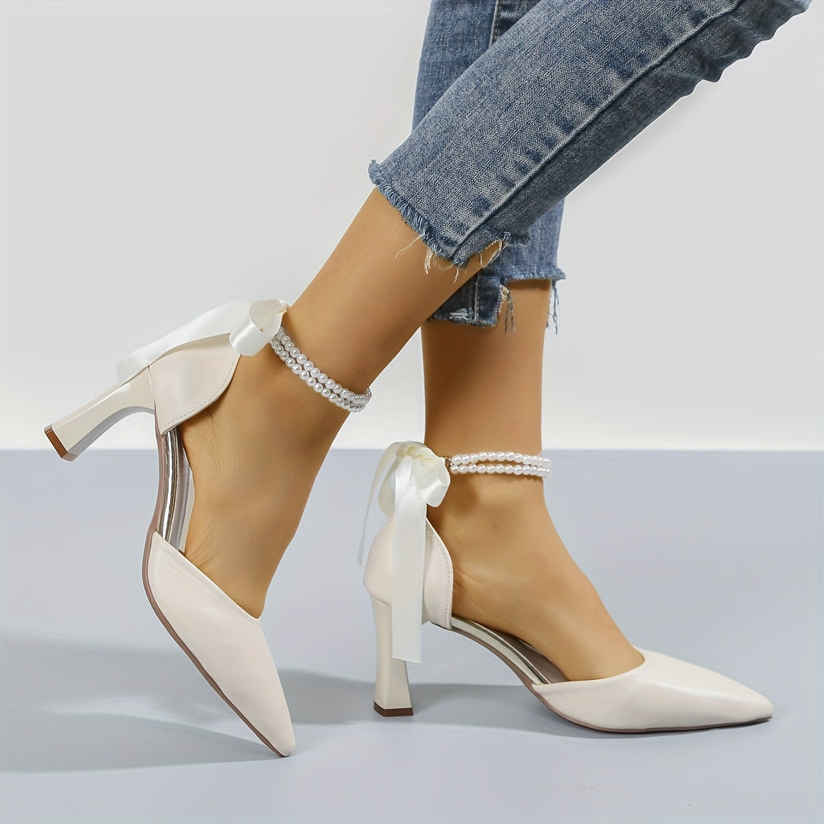 Faux Pearl Chain Block Heel Pumps with Bow Detail