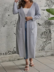 Solid Ribbed Long Sleeve Open Front Cardigan With Pockets