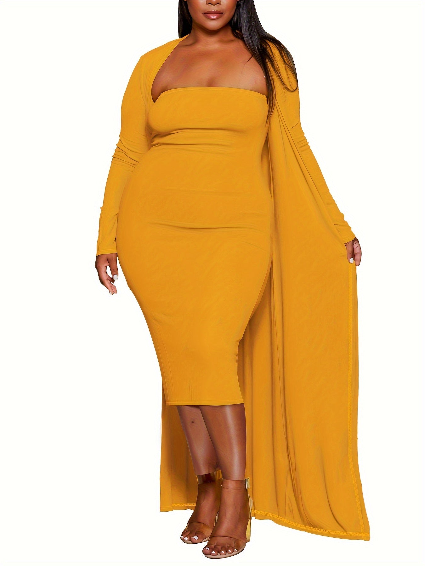 Sexy Outfits Set Solid Bodycon Tube Dress & Long Sleeve Cardigan Set