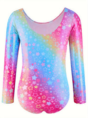 Girls Star Graphic Long Sleeve Gymnastics Leotard