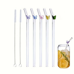 7pcs Butterfly Glass Straws Reusable Dishwasher Safe 2 Cleaning Brushes